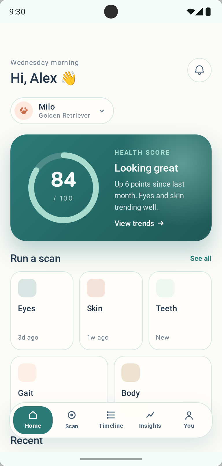 PawLens Android app home screen showing Milo's health score, scan actions, recent activity, and bottom navigation